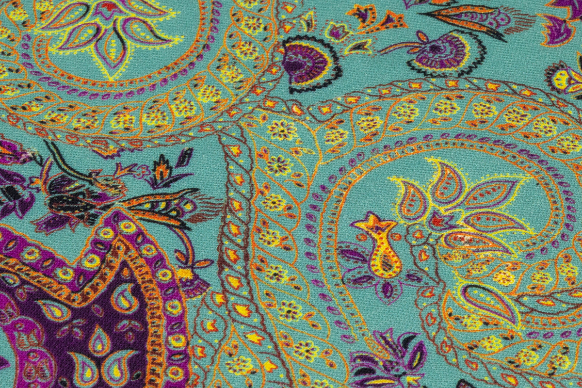 Paisley Printed Italian Silk and Wool - Violet / Orange / Turquoise