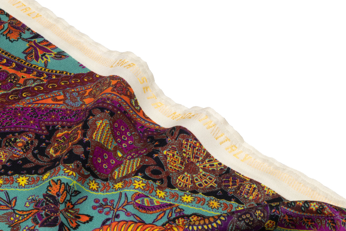 Paisley Printed Italian Silk and Wool - Violet / Orange / Turquoise