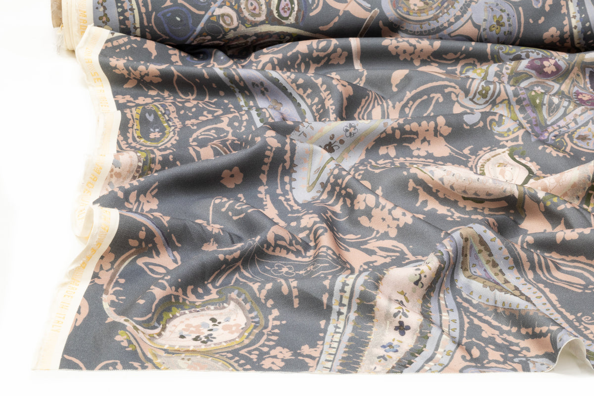 Paisley Printed Italian Silk and Wool - Gray