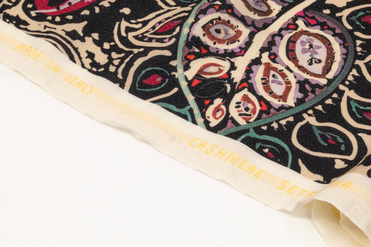 Paisley Printed Italian Silk and Wool Twill - Red / Black / Cream