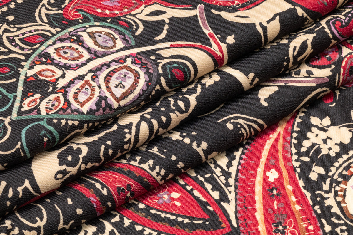 Paisley Printed Italian Silk and Wool Twill - Red / Black / Cream