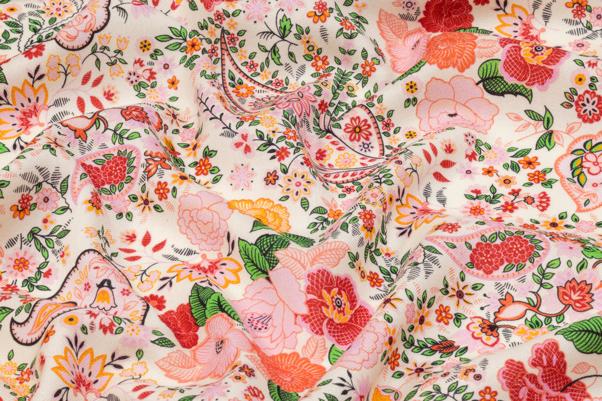 Paisley Floral Italian Silk and Wool Twill - Pink / Ivory