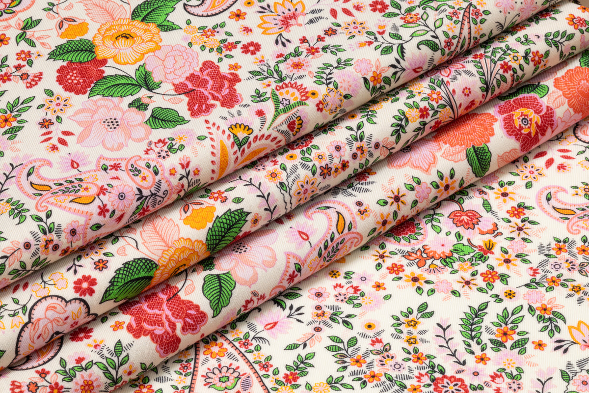Paisley Floral Italian Silk and Wool Twill - Pink / Ivory
