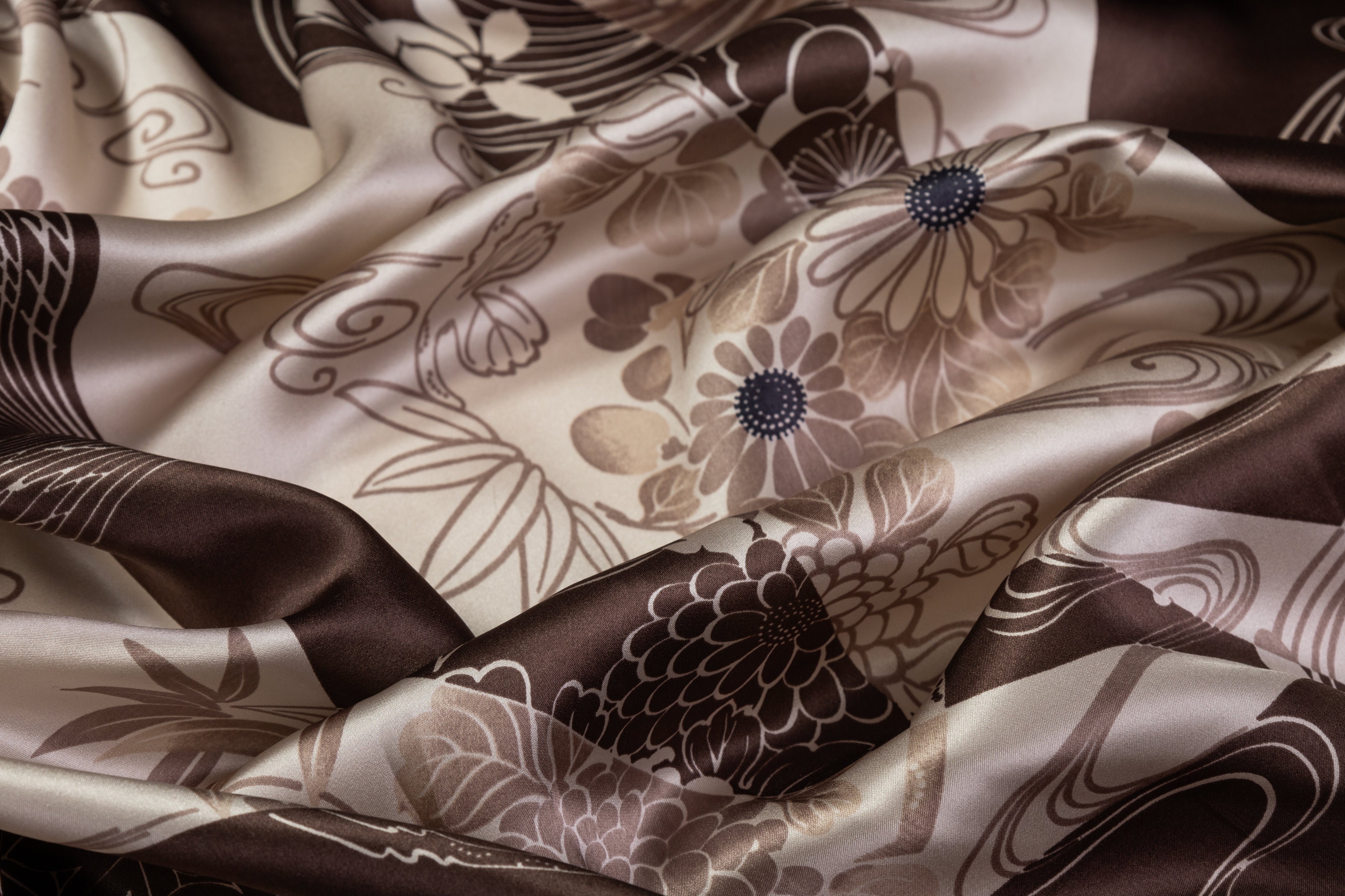 Floral Italian Silk Charmeuse - Brown / Taupe