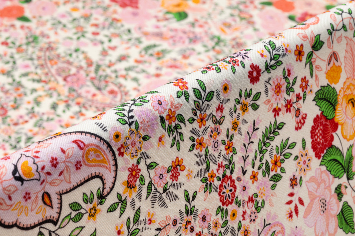 Paisley Floral Italian Silk and Wool Twill - Pink / Ivory