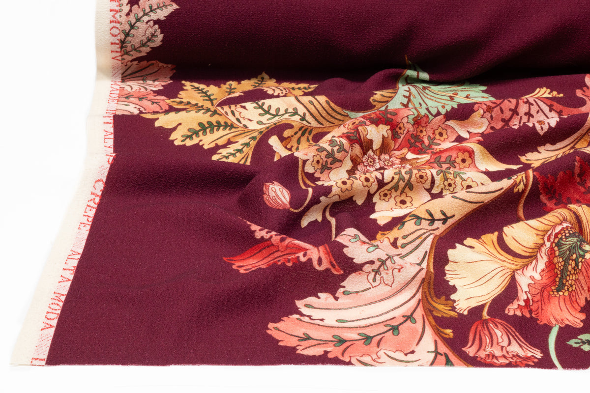 Floral Printed Italian Wool Crepe - Burgundy