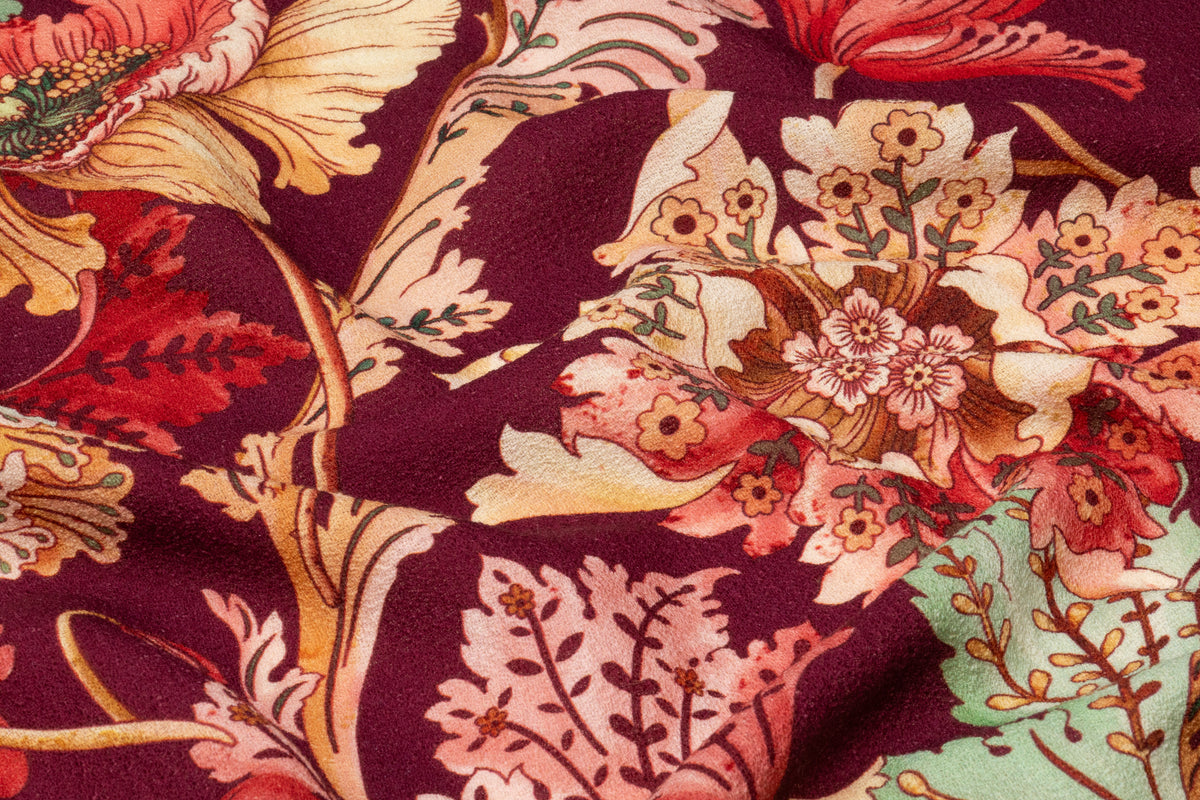 Floral Printed Italian Wool Crepe - Burgundy