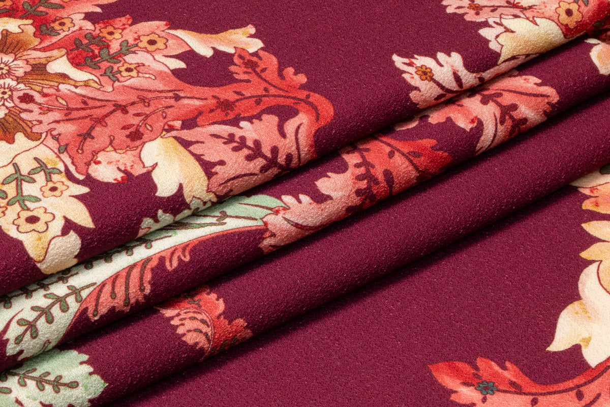Floral Printed Italian Wool Crepe - Burgundy