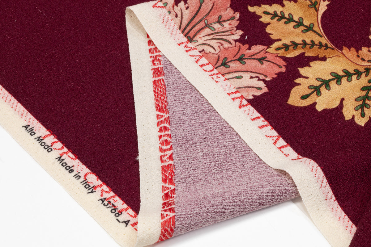 Floral Printed Italian Wool Crepe - Burgundy