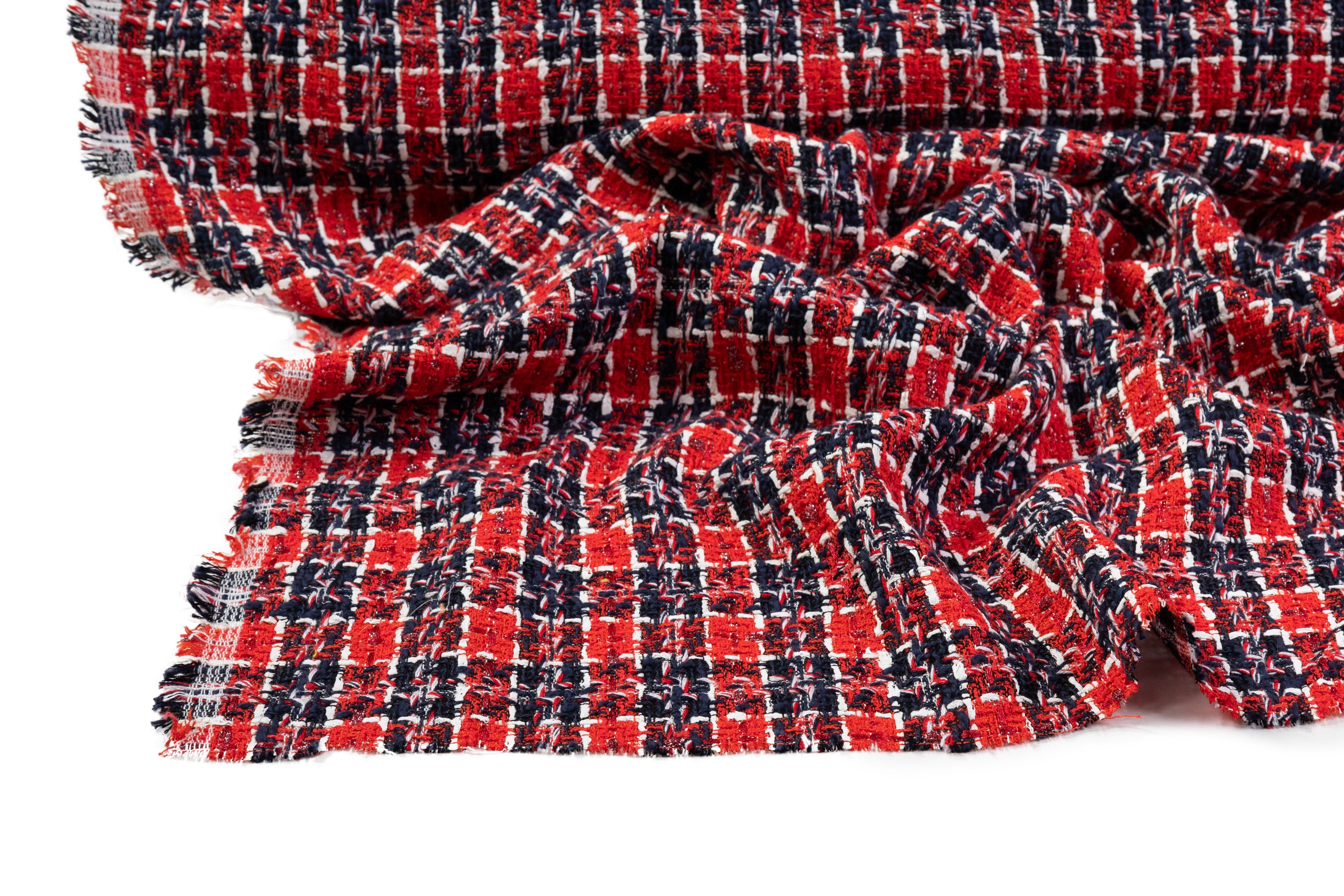 Italian Cotton Blend Tweed - Red / Navy / White