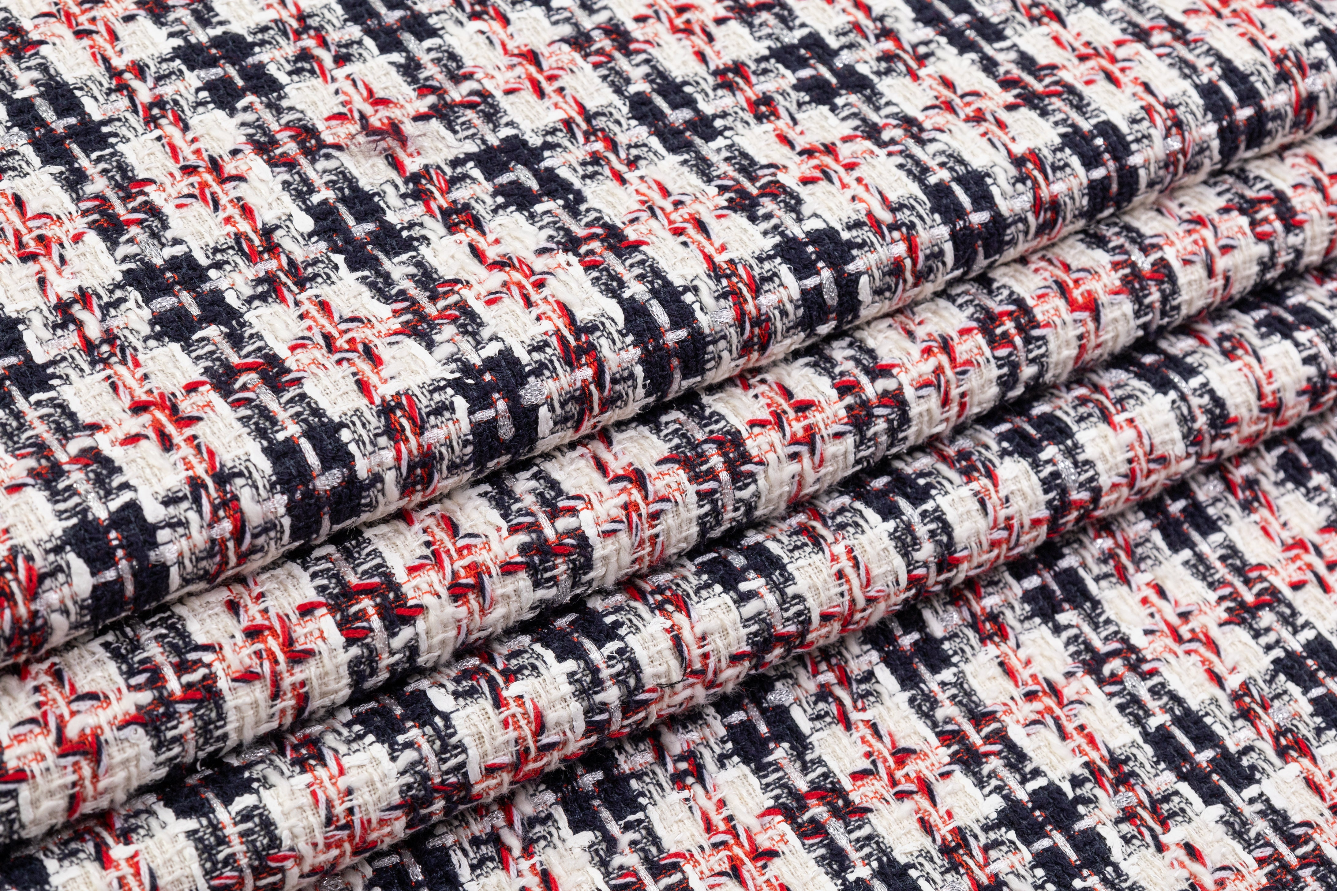 Italian Cotton Blend Tweed - White / Navy / Red