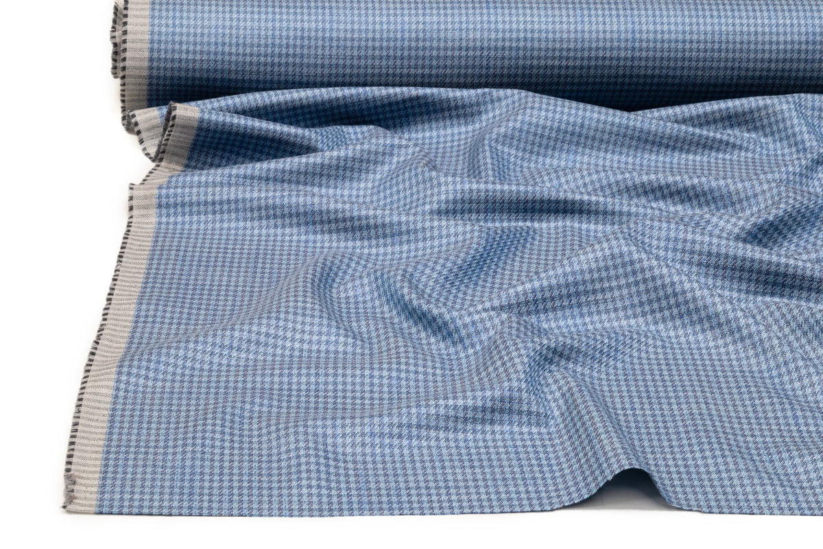 Micro Plaid Italian Wool Cotton Silk Suiting - Blue
