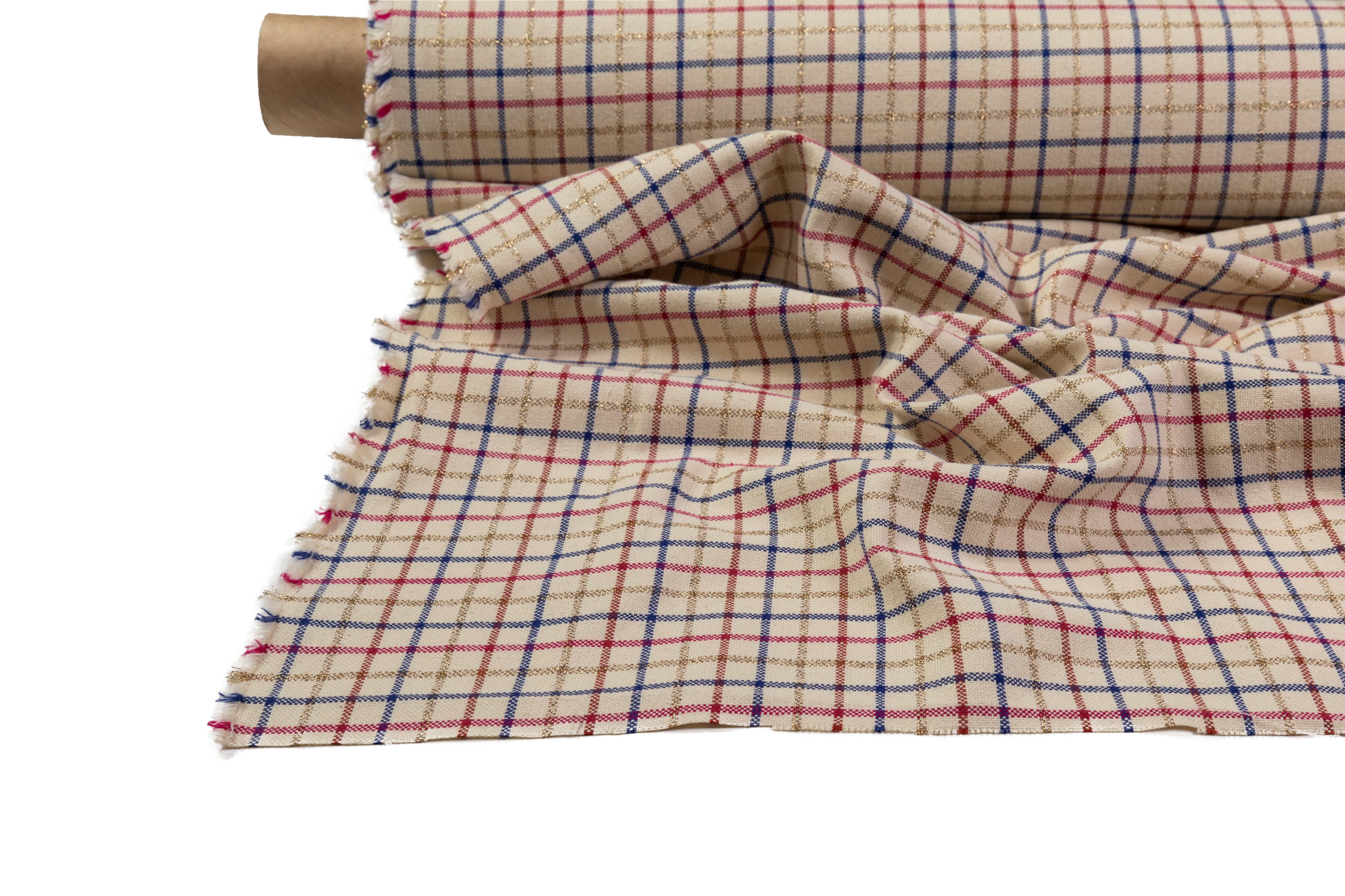 Checked Metallic Italian Cotton Linen Blend - Beige / Red / Blue / Gold