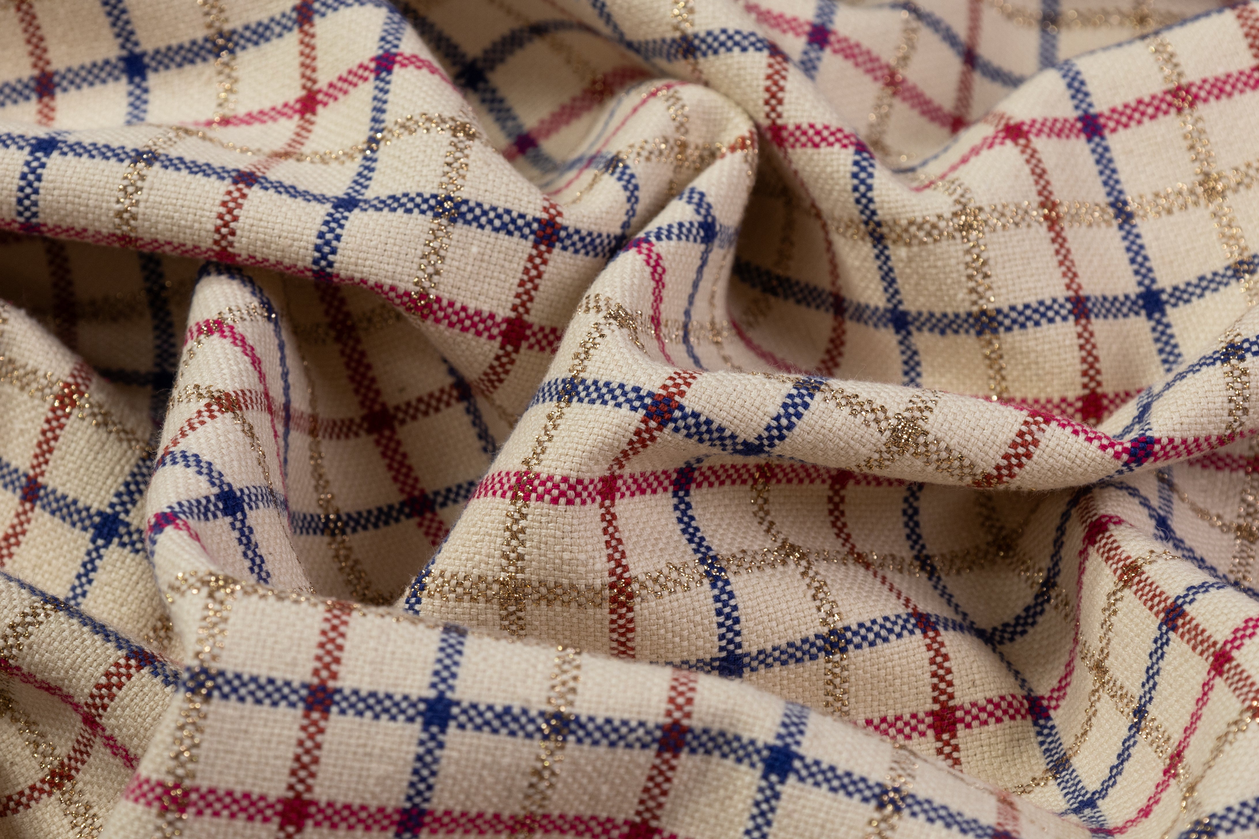 Checked Metallic Italian Cotton Linen Blend - Beige / Red / Blue / Gold