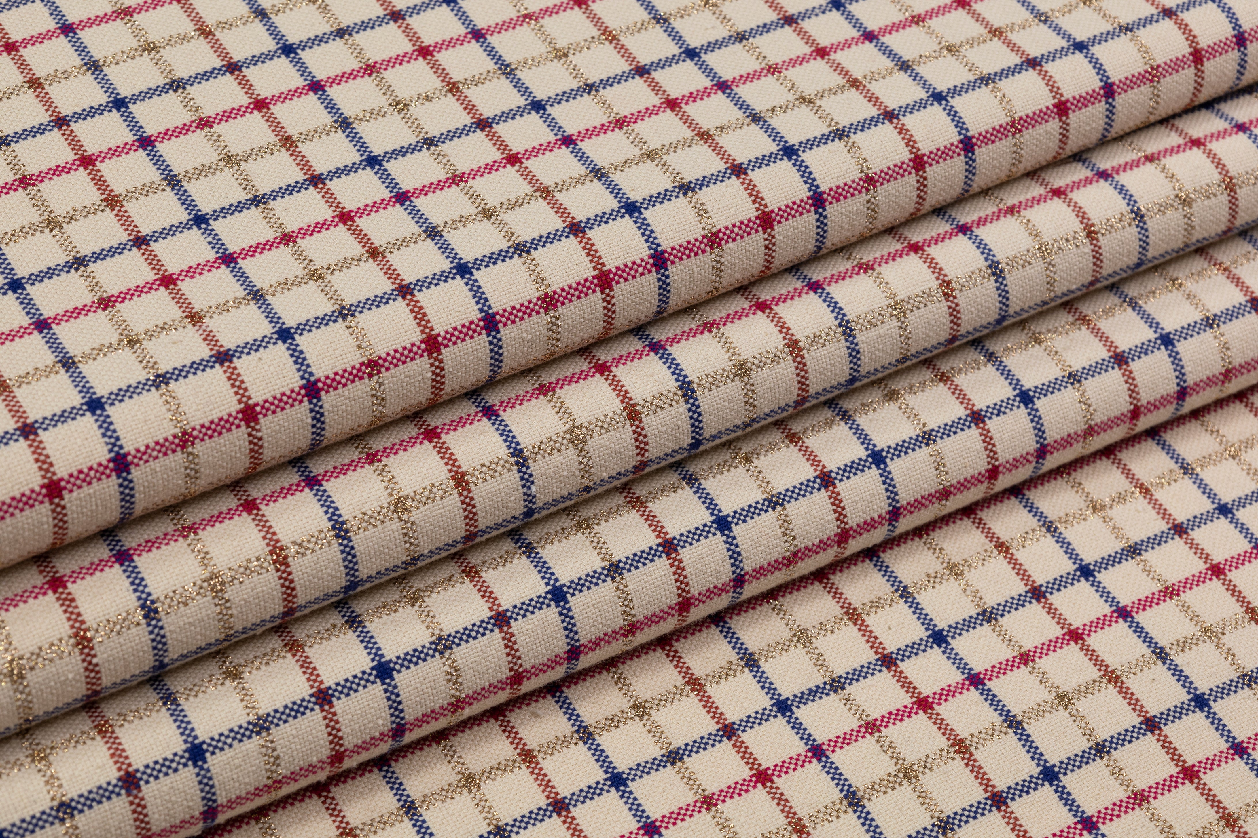 Checked Metallic Italian Cotton Linen Blend - Beige / Red / Blue / Gold