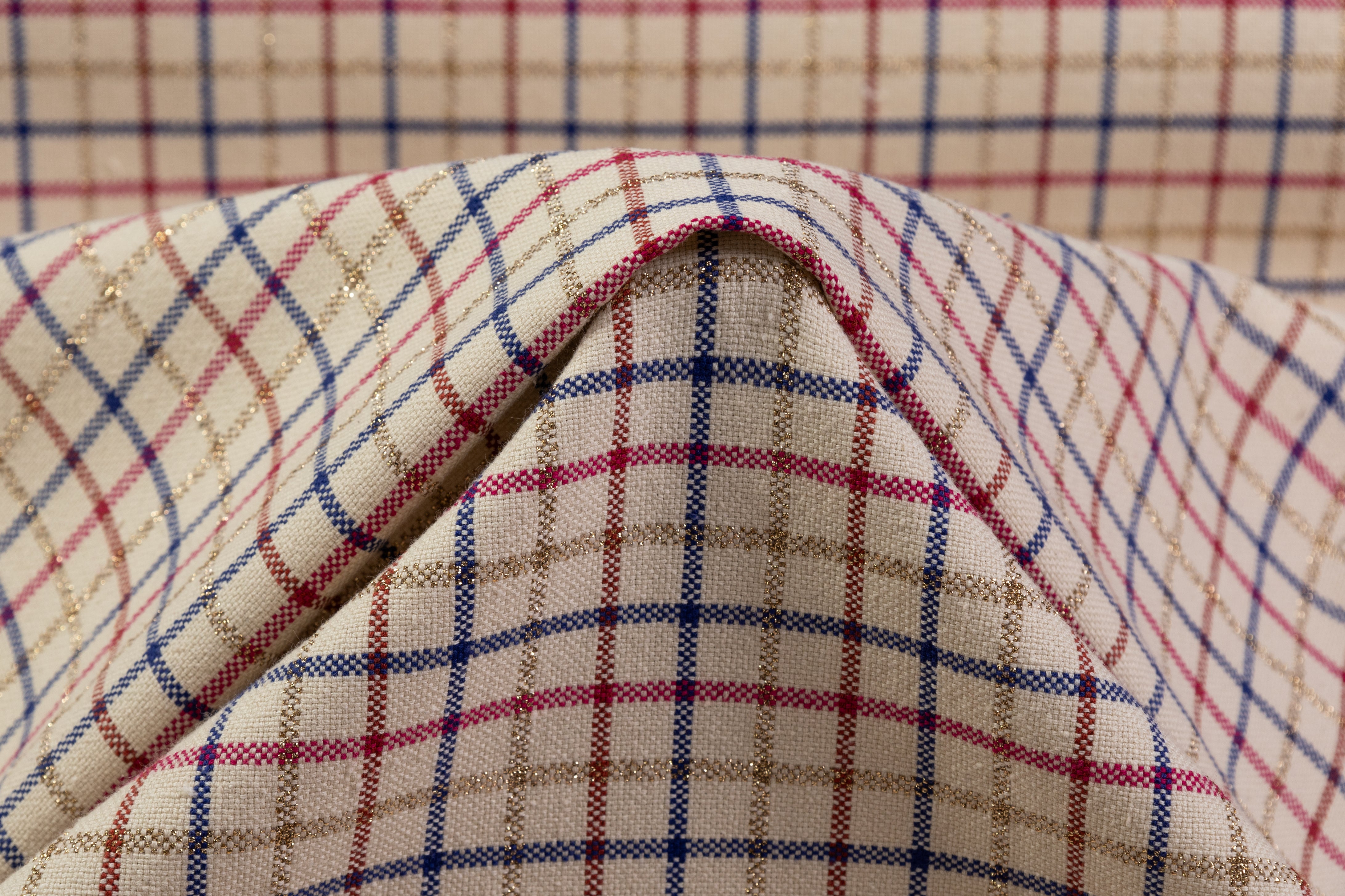 Checked Metallic Italian Cotton Linen Blend - Beige / Red / Blue / Gold