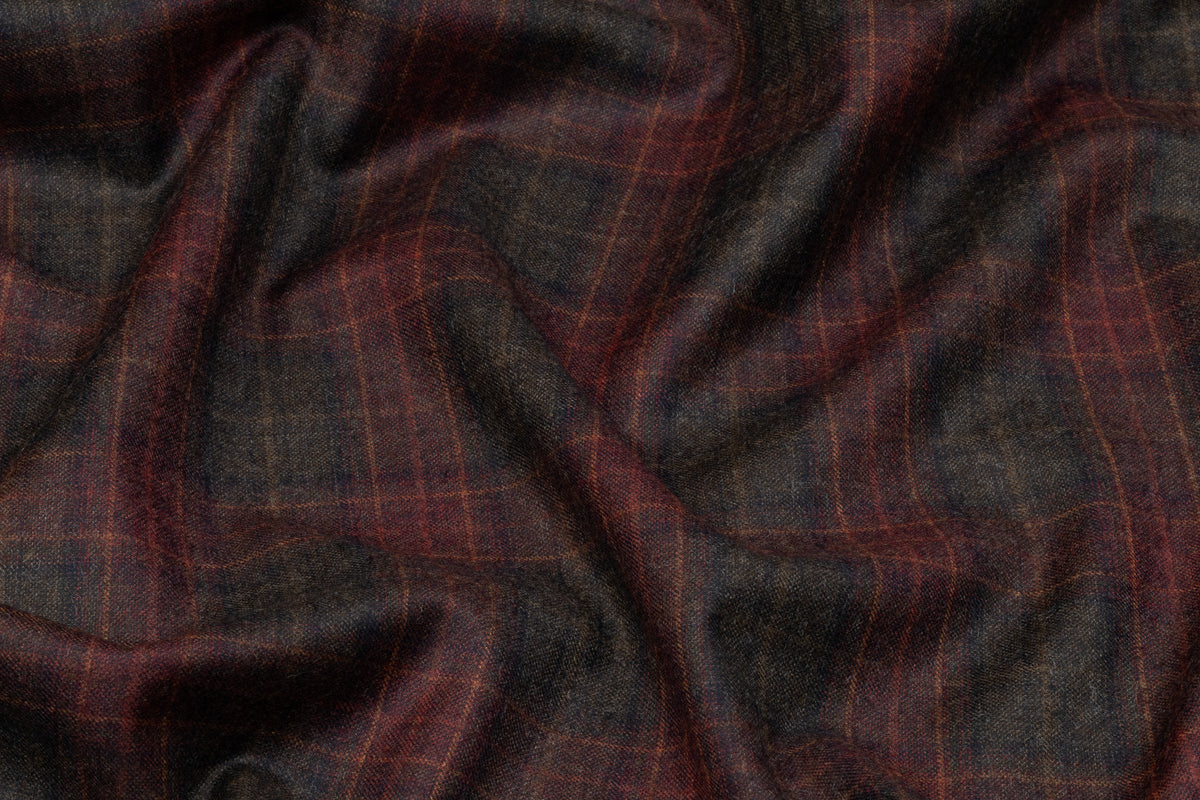 Plaid Italian Wool Flannel Suiting - Burgundy