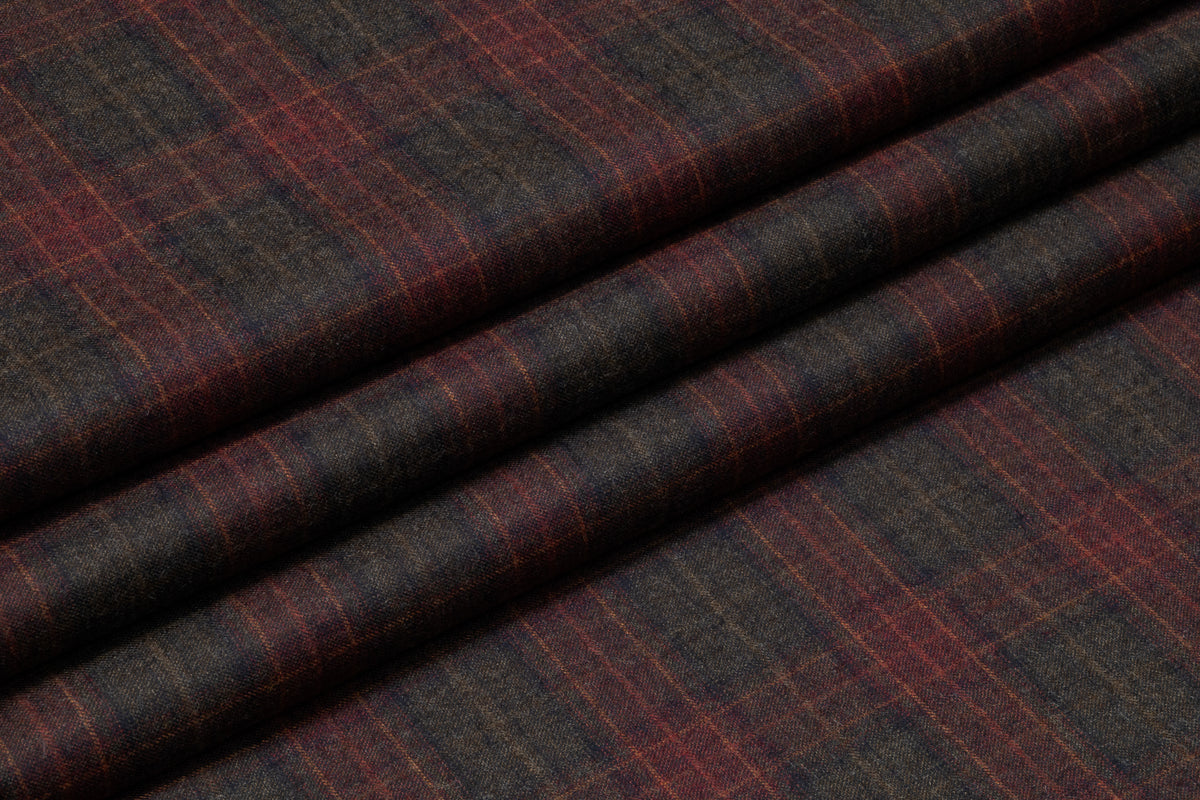 Plaid Italian Wool Flannel Suiting - Burgundy