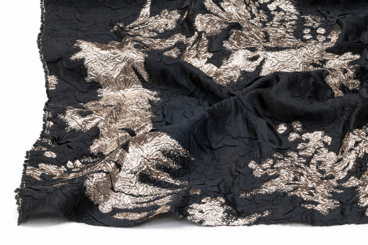 Abstract Crinkled Metallic Italian Silk Blend Brocade - Black / Platinum