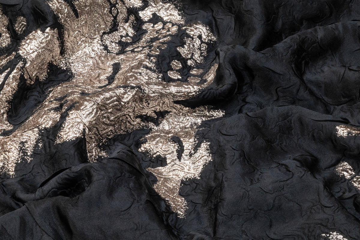 Abstract Crinkled Metallic Italian Silk Blend Brocade - Black / Platinum