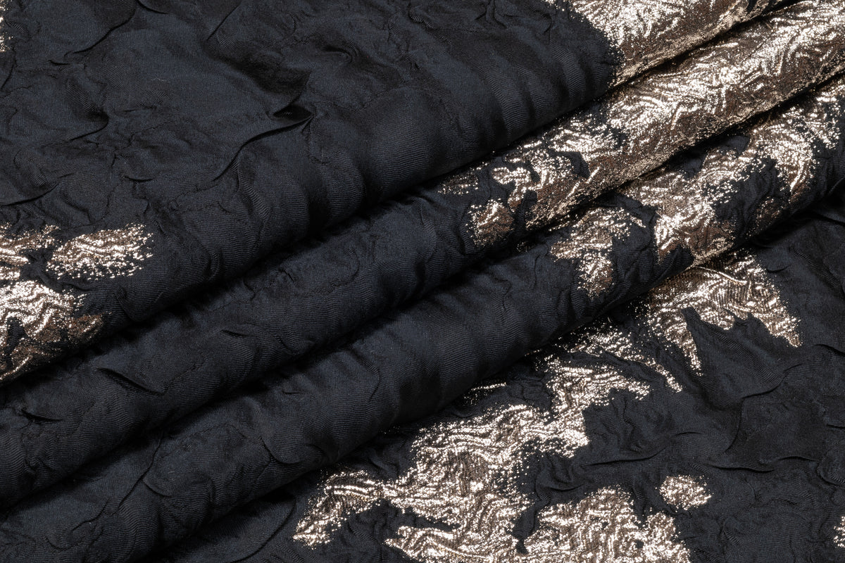 Abstract Crinkled Metallic Italian Silk Blend Brocade - Black / Platinum