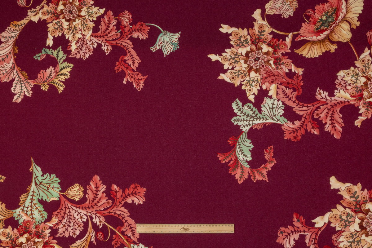 Floral Printed Italian Wool Crepe - Burgundy