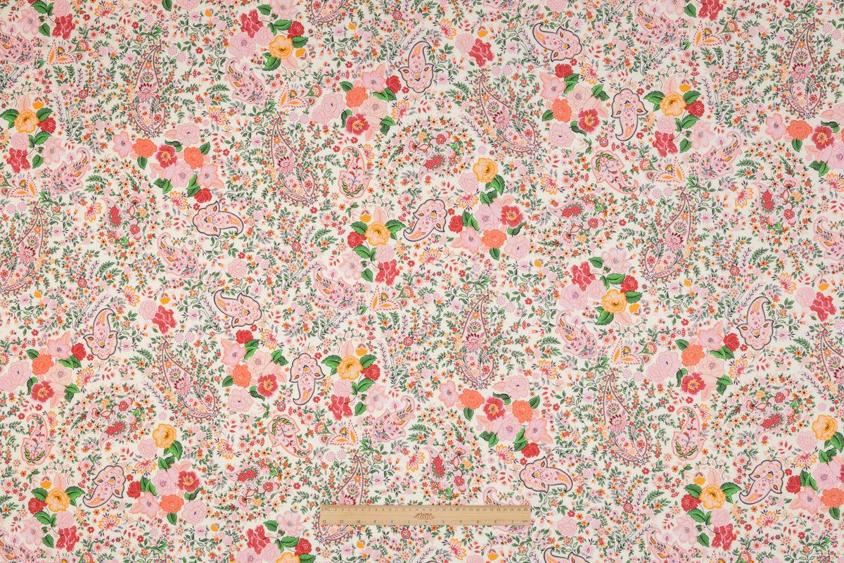 Paisley Floral Italian Silk and Wool Twill - Pink / Ivory