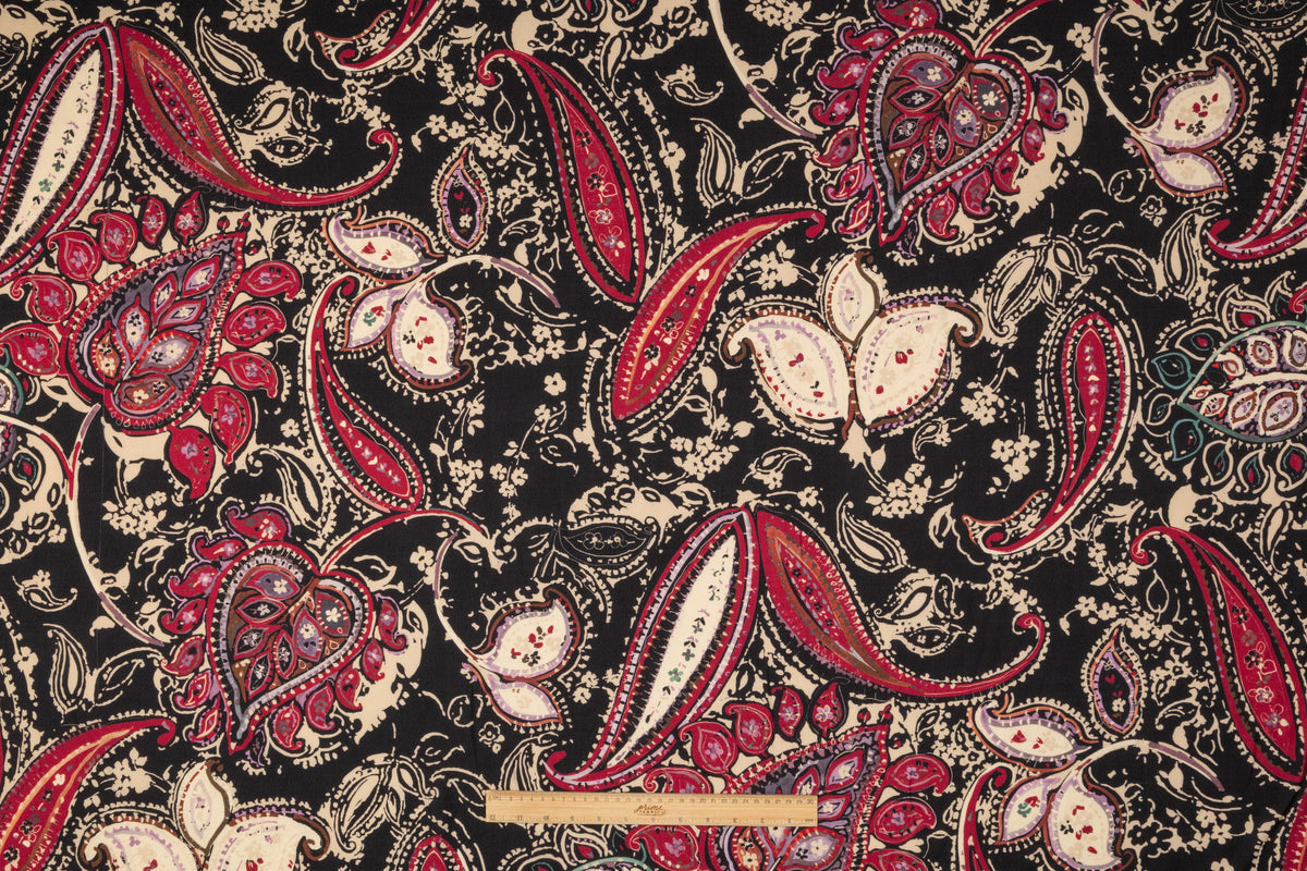 Paisley Printed Italian Silk and Wool Twill - Red / Black / Cream