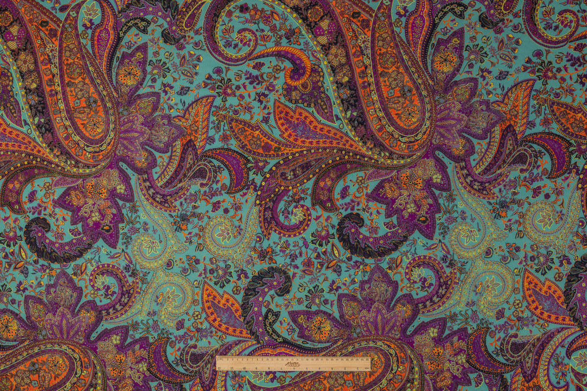 Paisley Printed Italian Silk and Wool - Violet / Orange / Turquoise