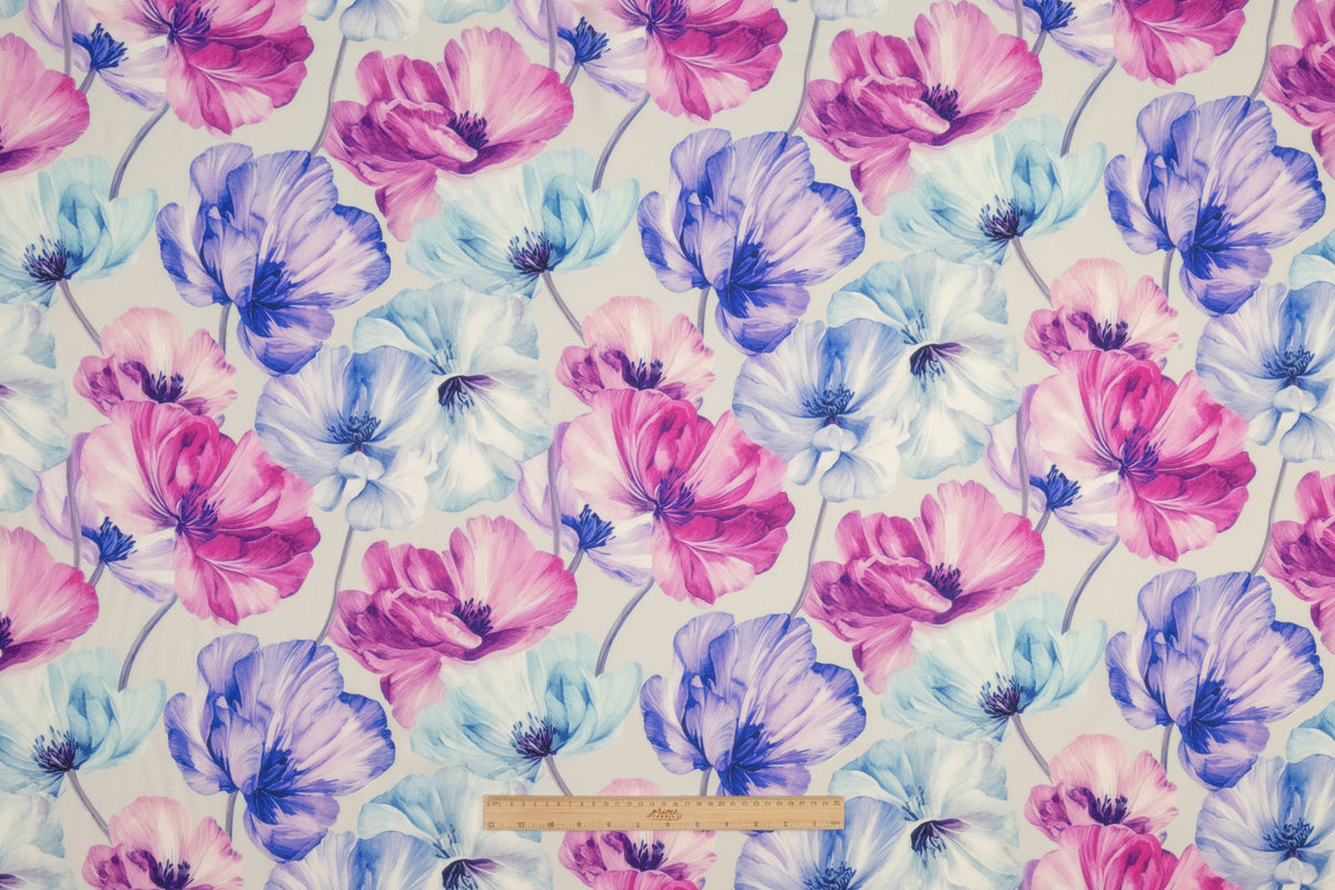 Floral Italian Silk and Wool Twill - Fuchsia / Blue