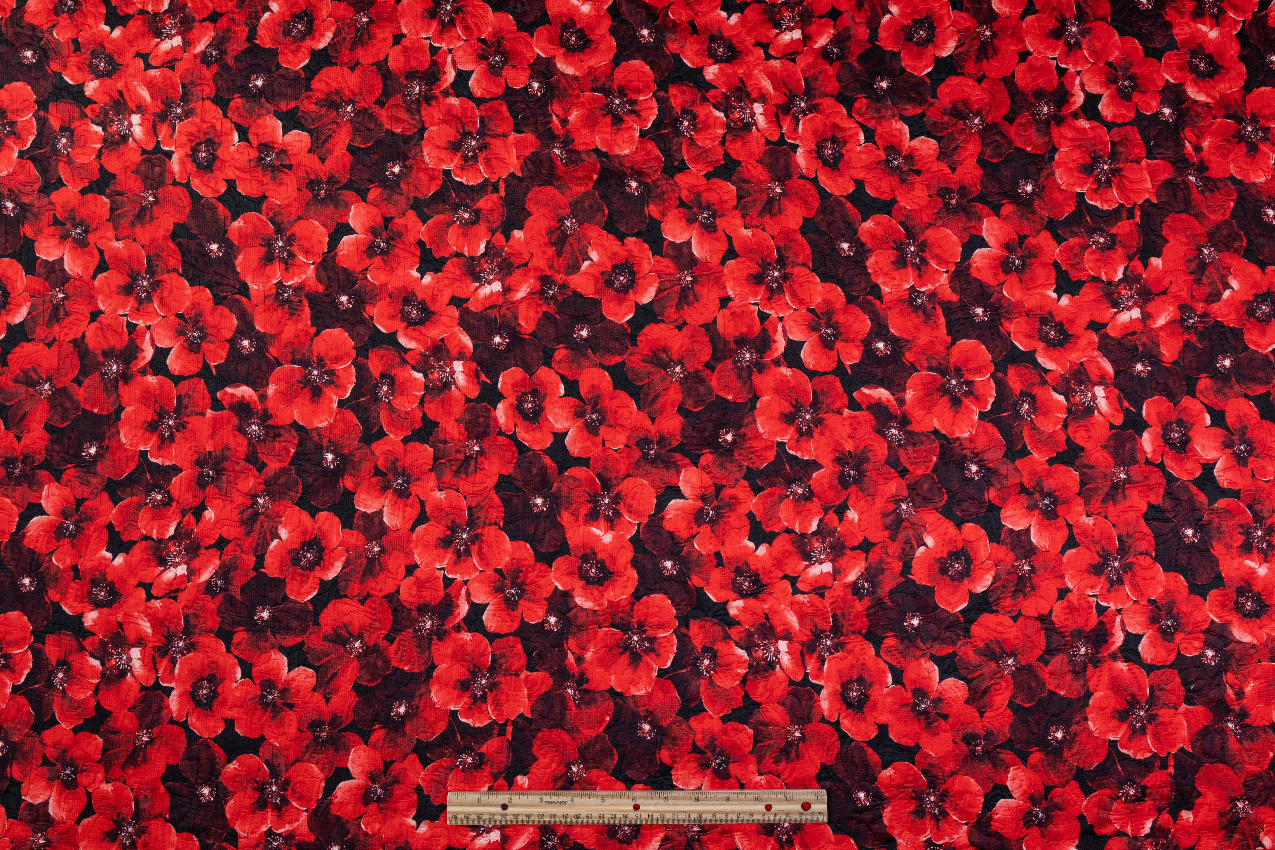 Floral Printed Italian Silk and Wool Matelassé - Black / Red