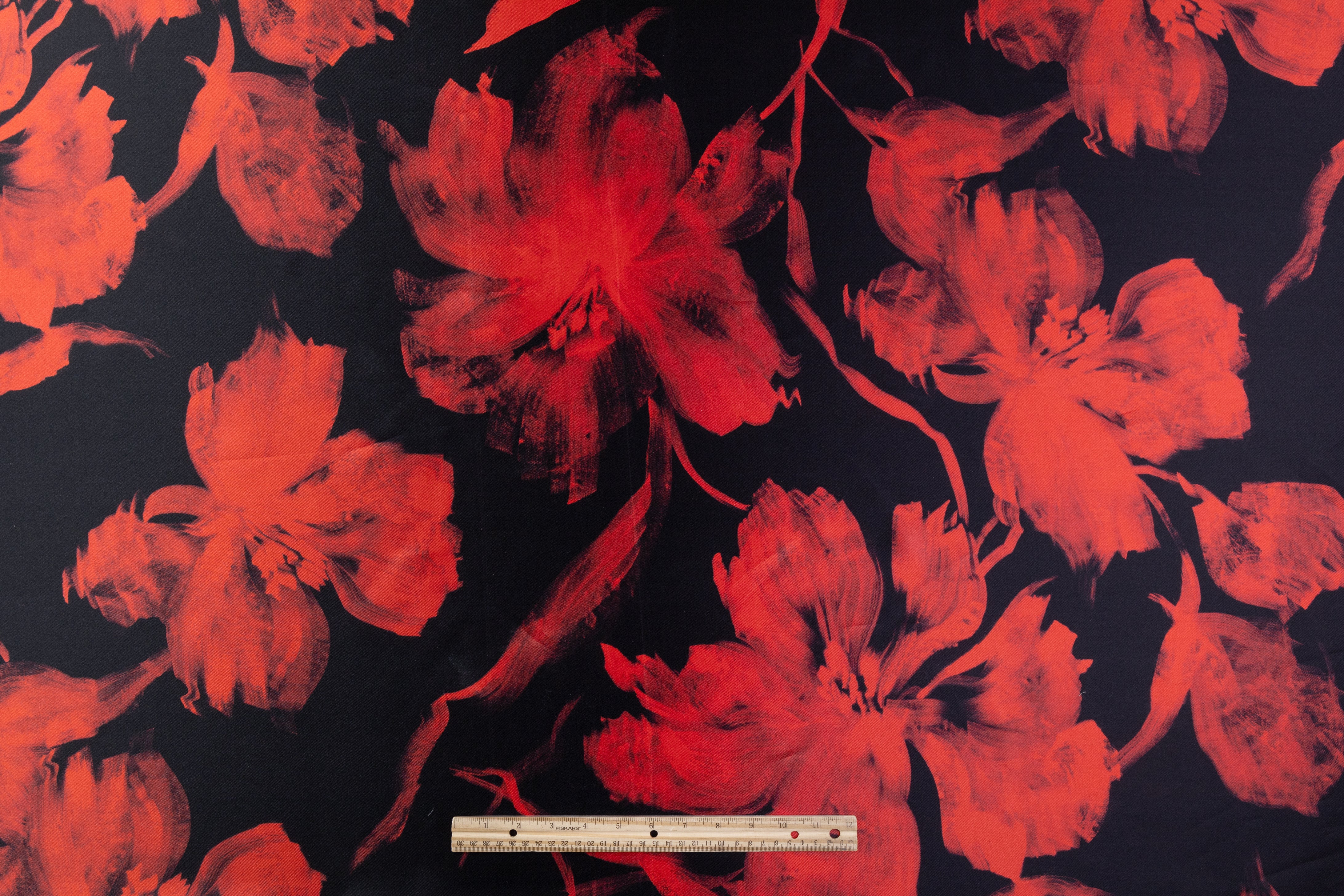 Floral Italian Silk Mikado - Black / Red