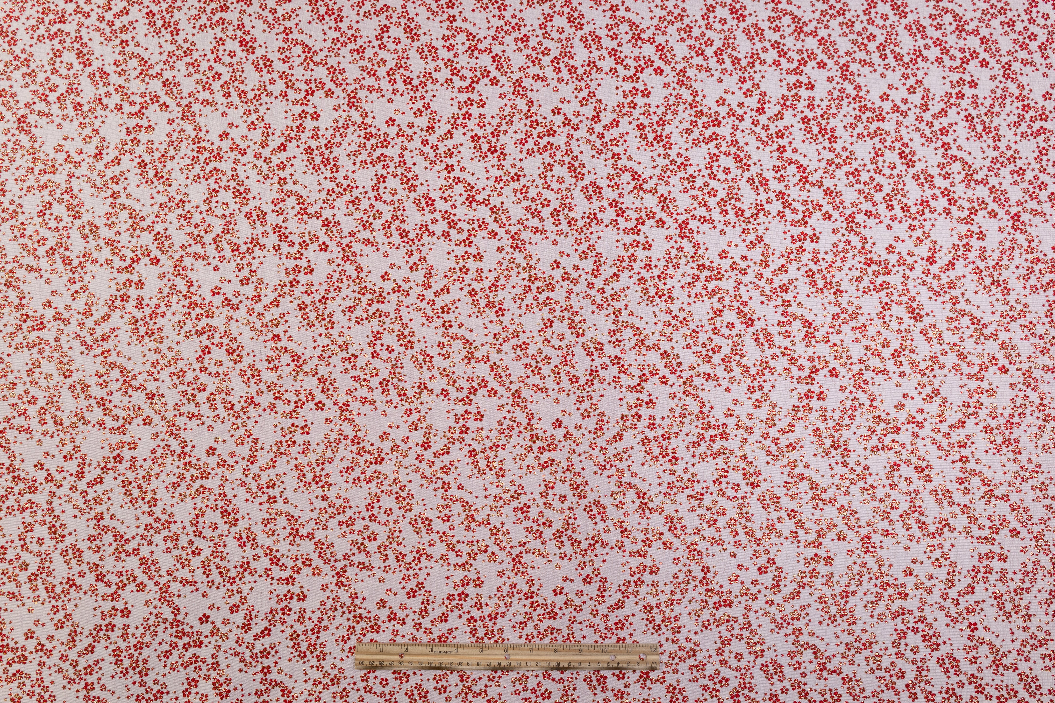 Ditsy Floral Metallic Brocade - Red / Gold / White