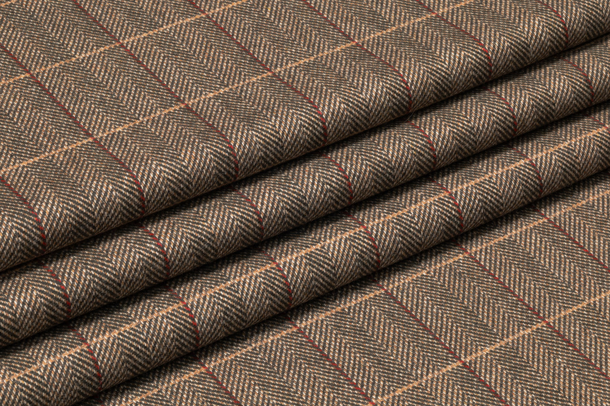 Checked Herringbone Italian Wool Cashmere Suiting - Brown