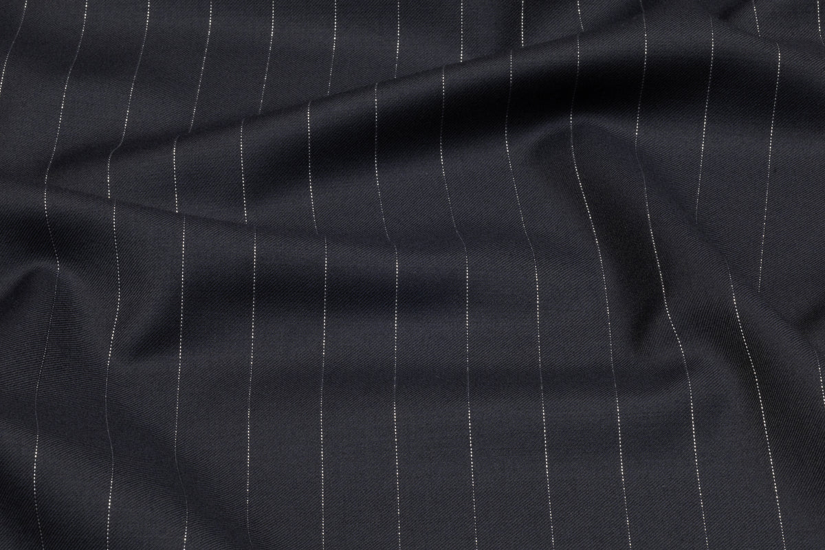 Metallic Pin Striped Italian Wool Suiting - Navy / Silver