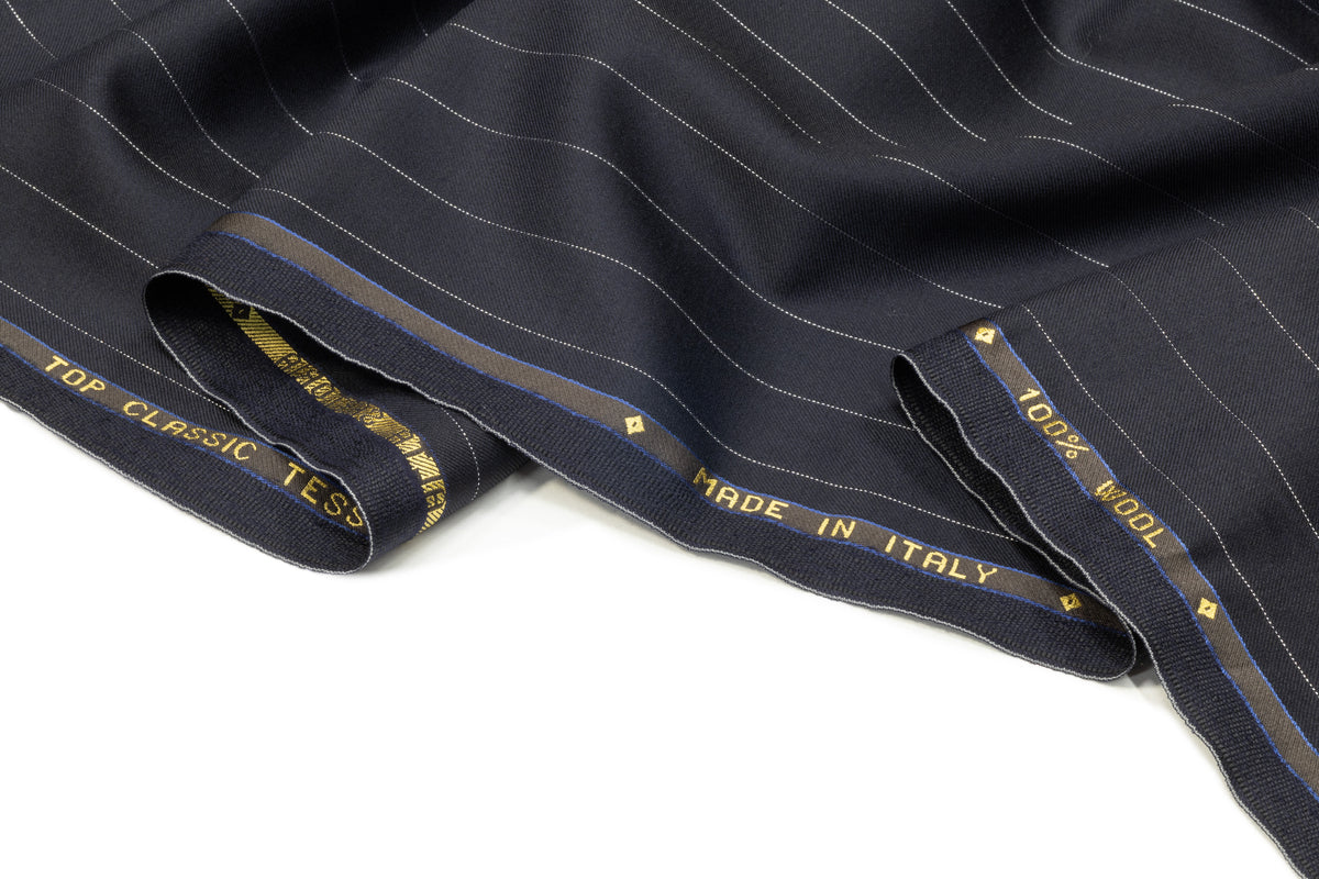 Metallic Pin Striped Italian Wool Suiting - Navy / Silver