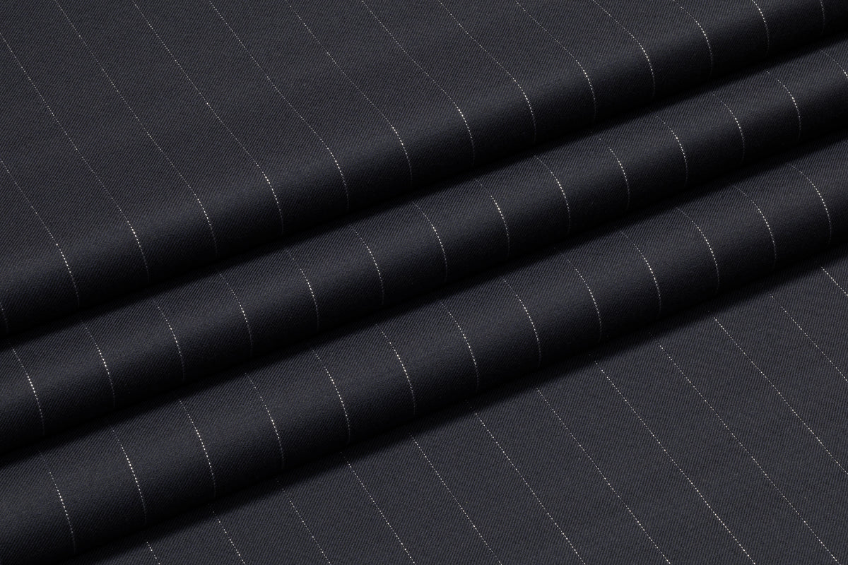 Metallic Pin Striped Italian Wool Suiting - Navy / Silver