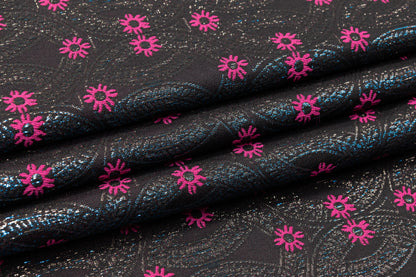 Iridescent Metallic Brocade - Black / Fuchsia / Blue