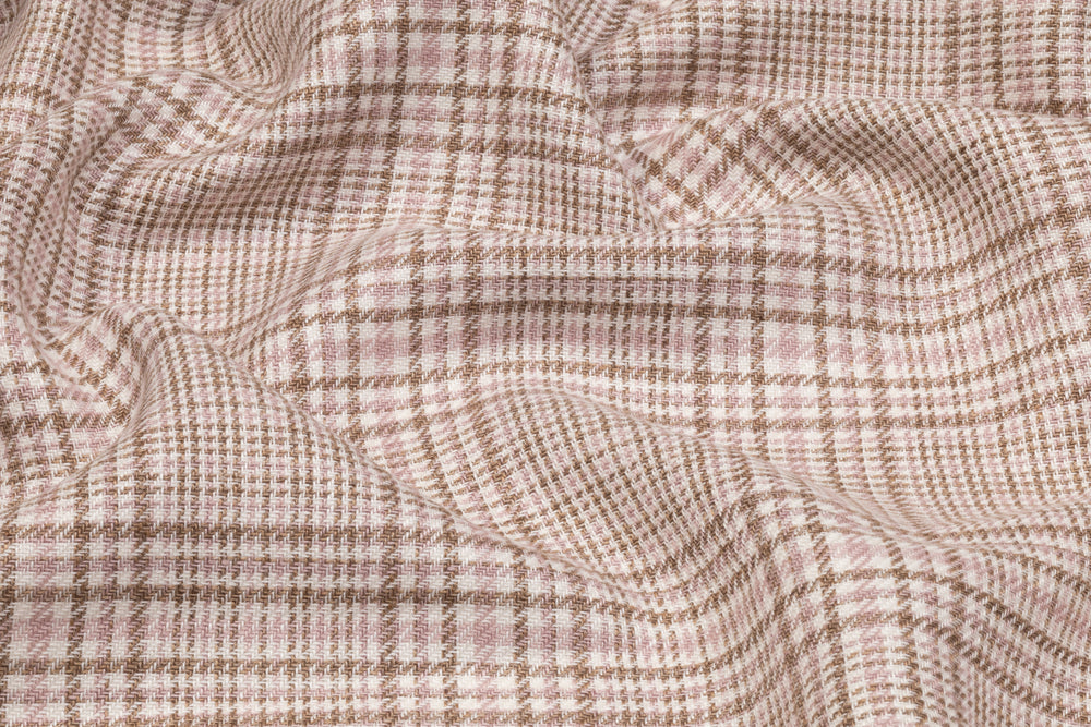Checked Italian Wool Linen Suiting - Pink / Taupe / Off White