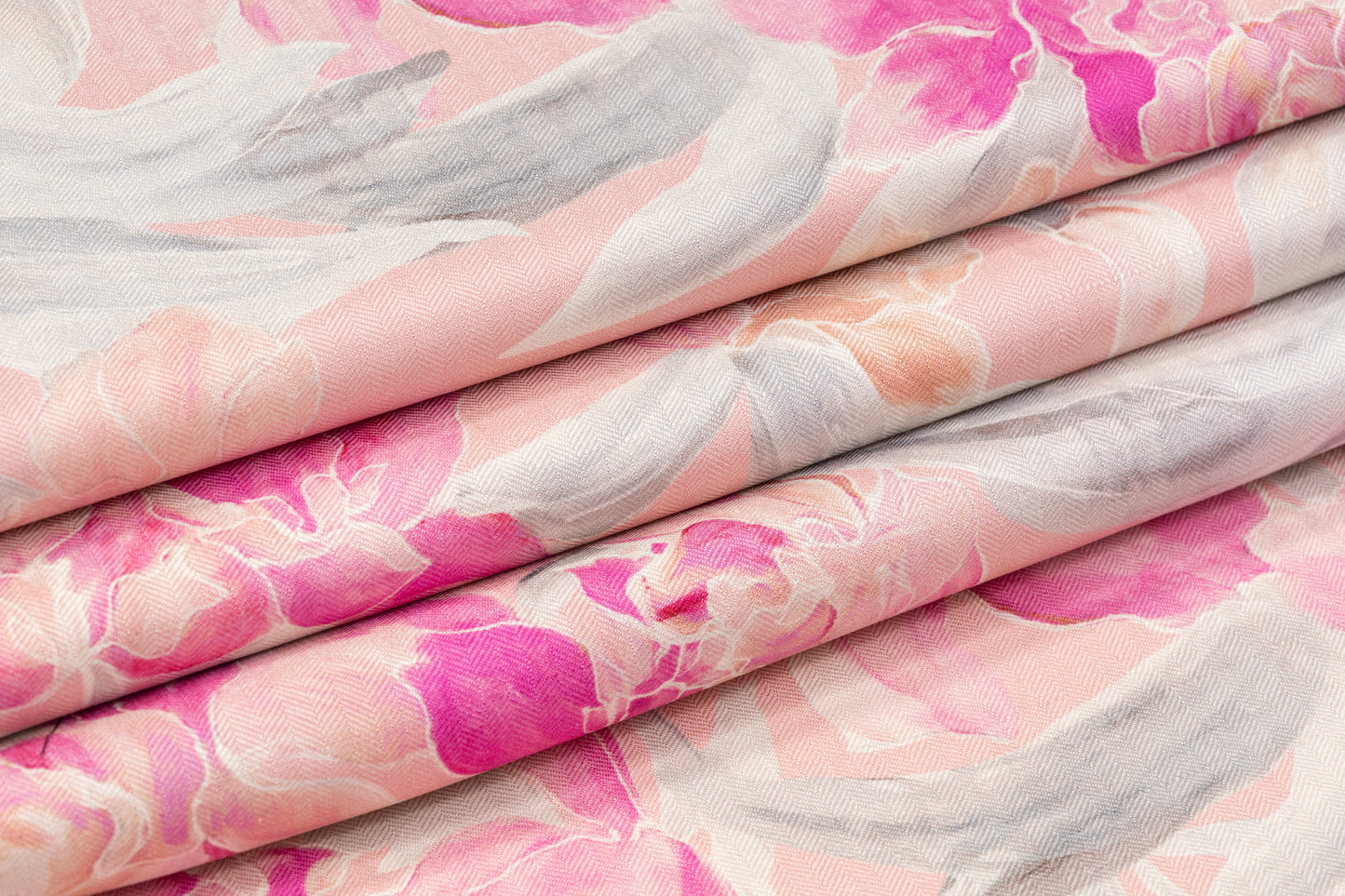 Floral Italian Silk Herringbone - Pink / Gray