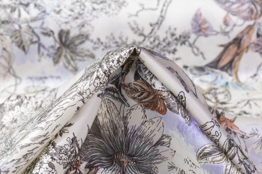 Floral Italian Silk Viscose Crepe Back Satin - Ivory / Multicolor