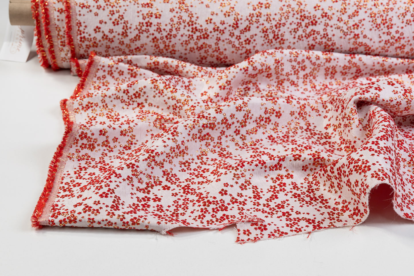 Ditsy Floral Metallic Brocade - Red / Gold / White