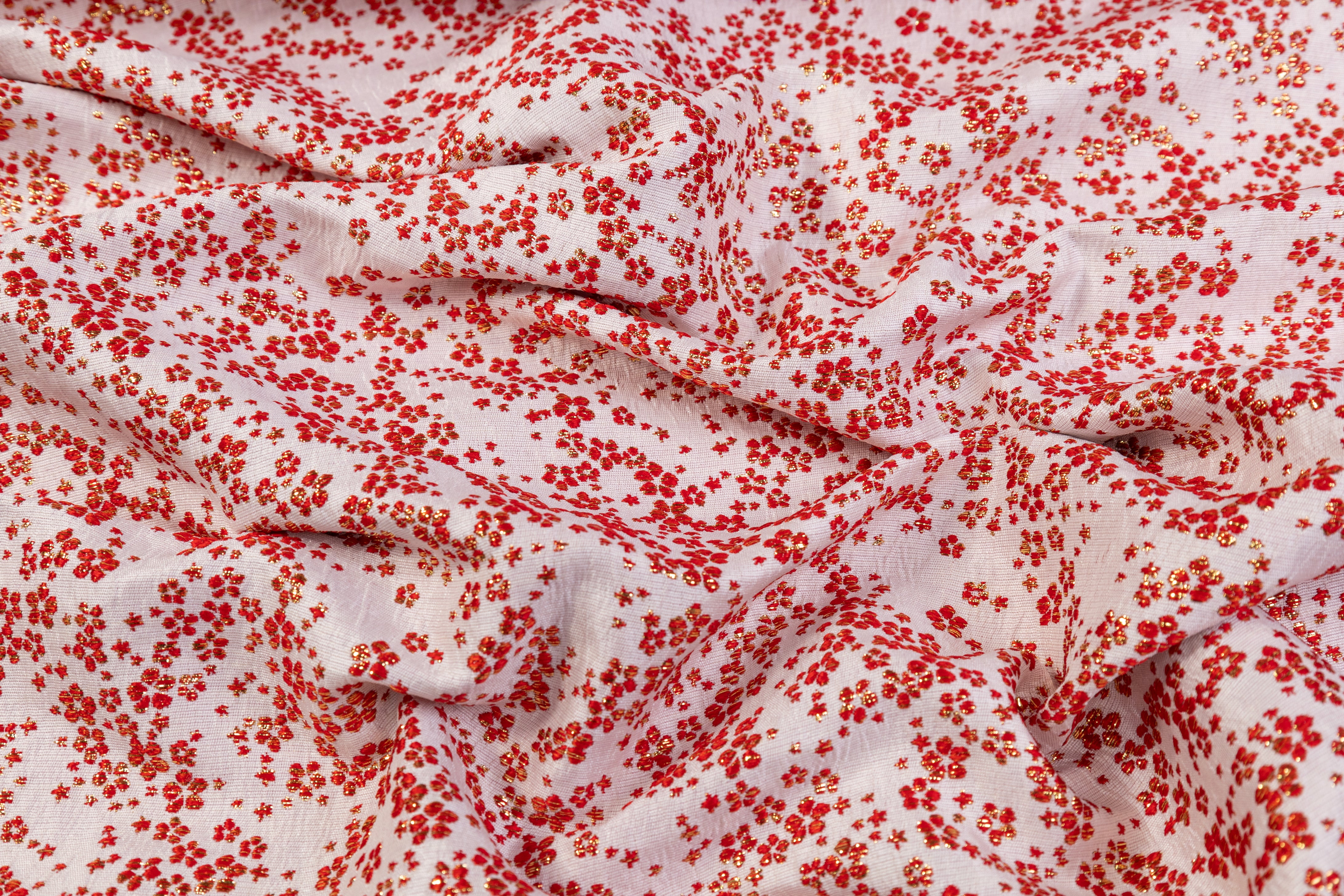 Ditsy Floral Metallic Brocade - Red / Gold / White