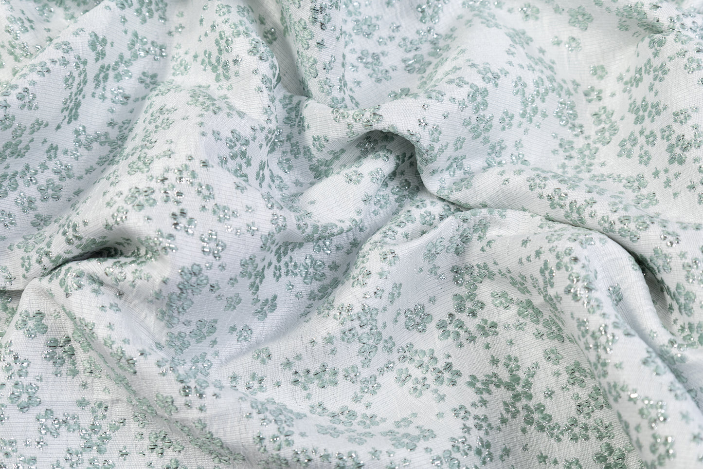 Ditsy Floral Metallic Brocade - Mint Green / White / Silver