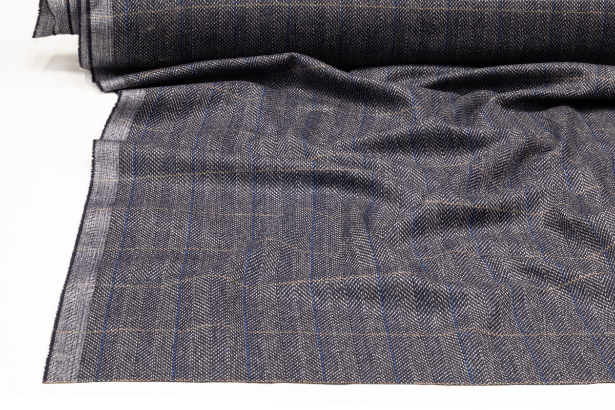 Checked Herringbone Italian Wool Cashmere Suiting - Navy Blue