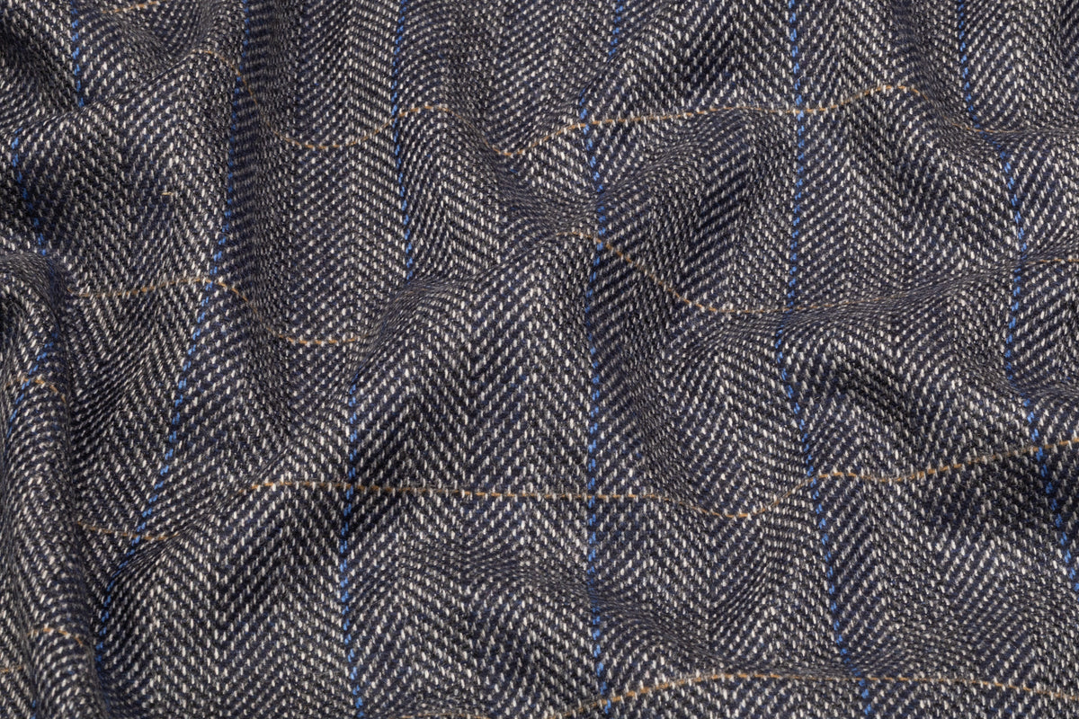 Checked Herringbone Italian Wool Cashmere Suiting - Navy Blue