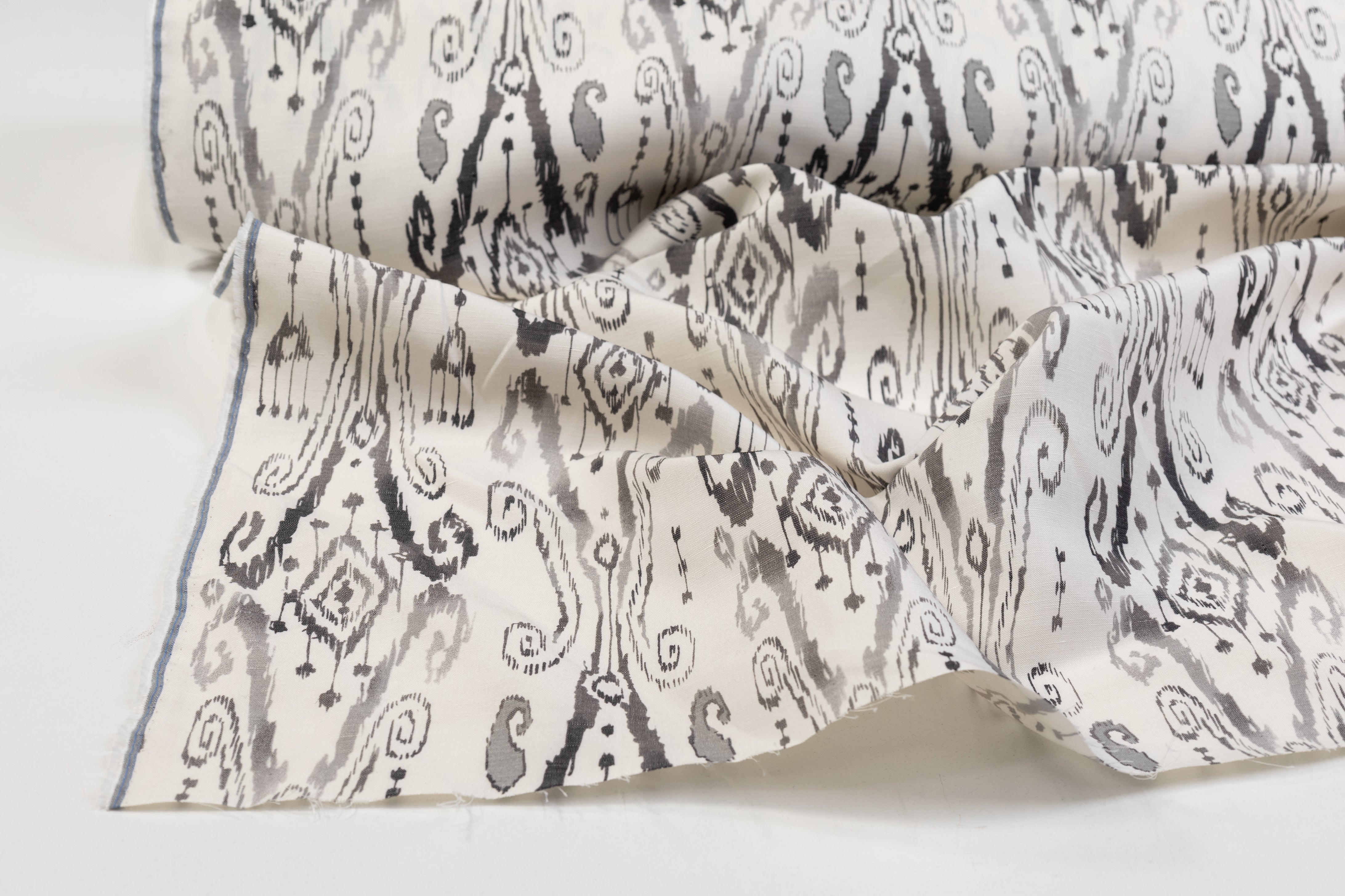 Abstract Printed Silk Linen Blend -  Off White / Gray