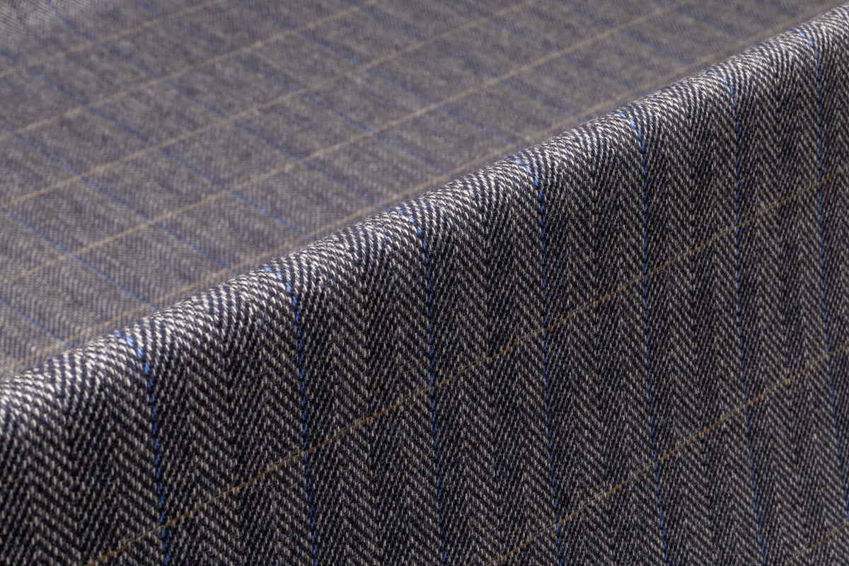 Checked Herringbone Italian Wool Cashmere Suiting - Navy Blue