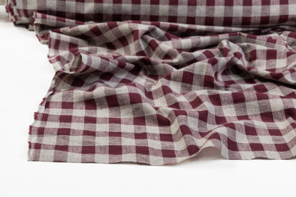 Checked Italian Cotton Linen Blend - Burgundy / Gray
