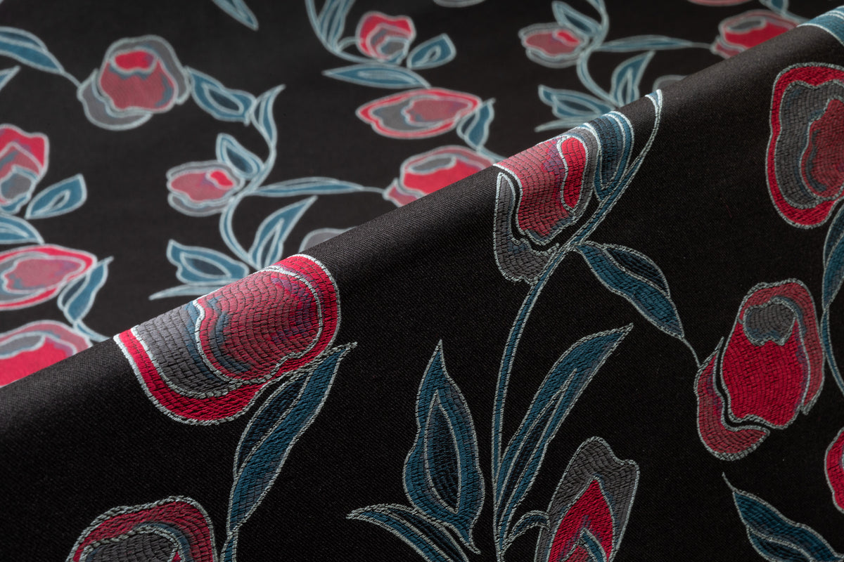 Floral Italian Brocade - Black / Teal Blue / Pink